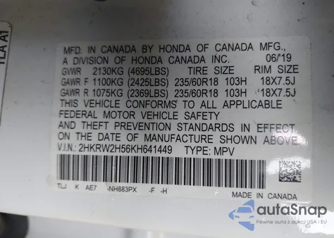 2019 Honda Cr-V Ex z USA, uszkodzony, nr VIN 2HKRW2H56KH641449